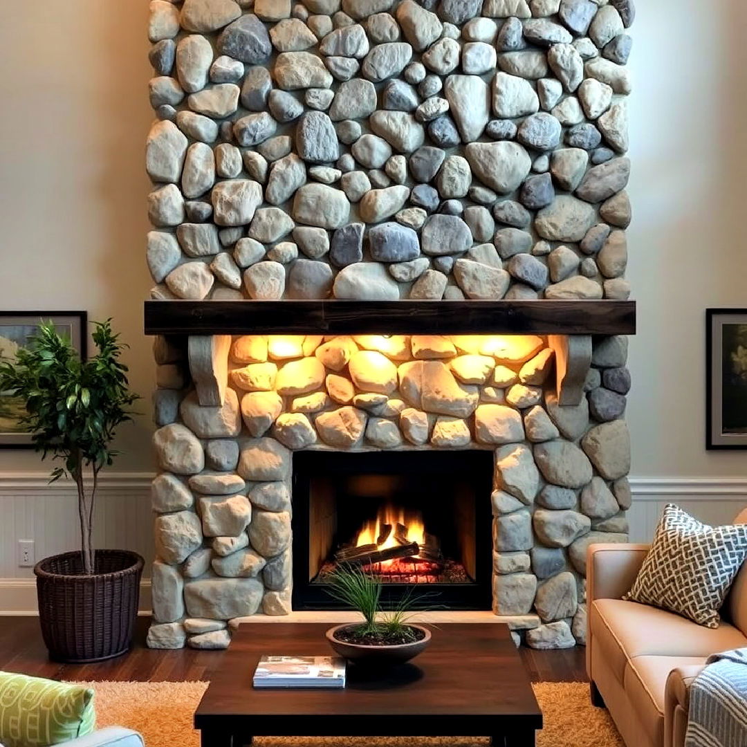 river rock fireplace with mantelpiece lighting