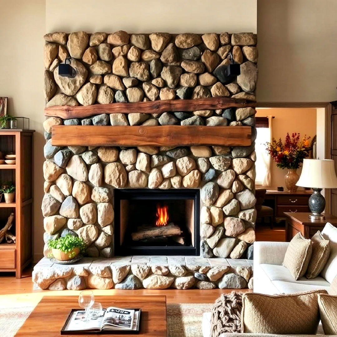 river rock fireplace with reclaimed wood mantel