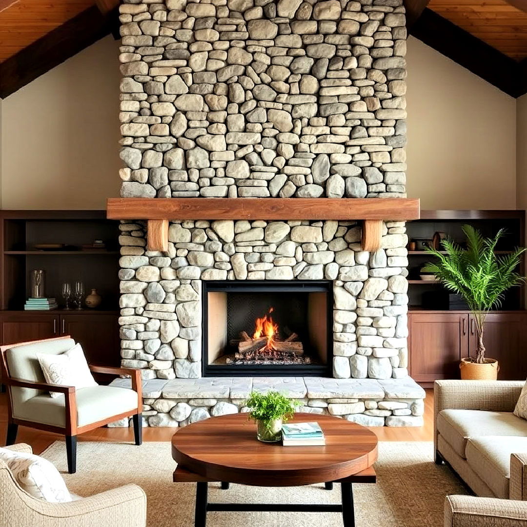 river rock fireplace with stacked stone