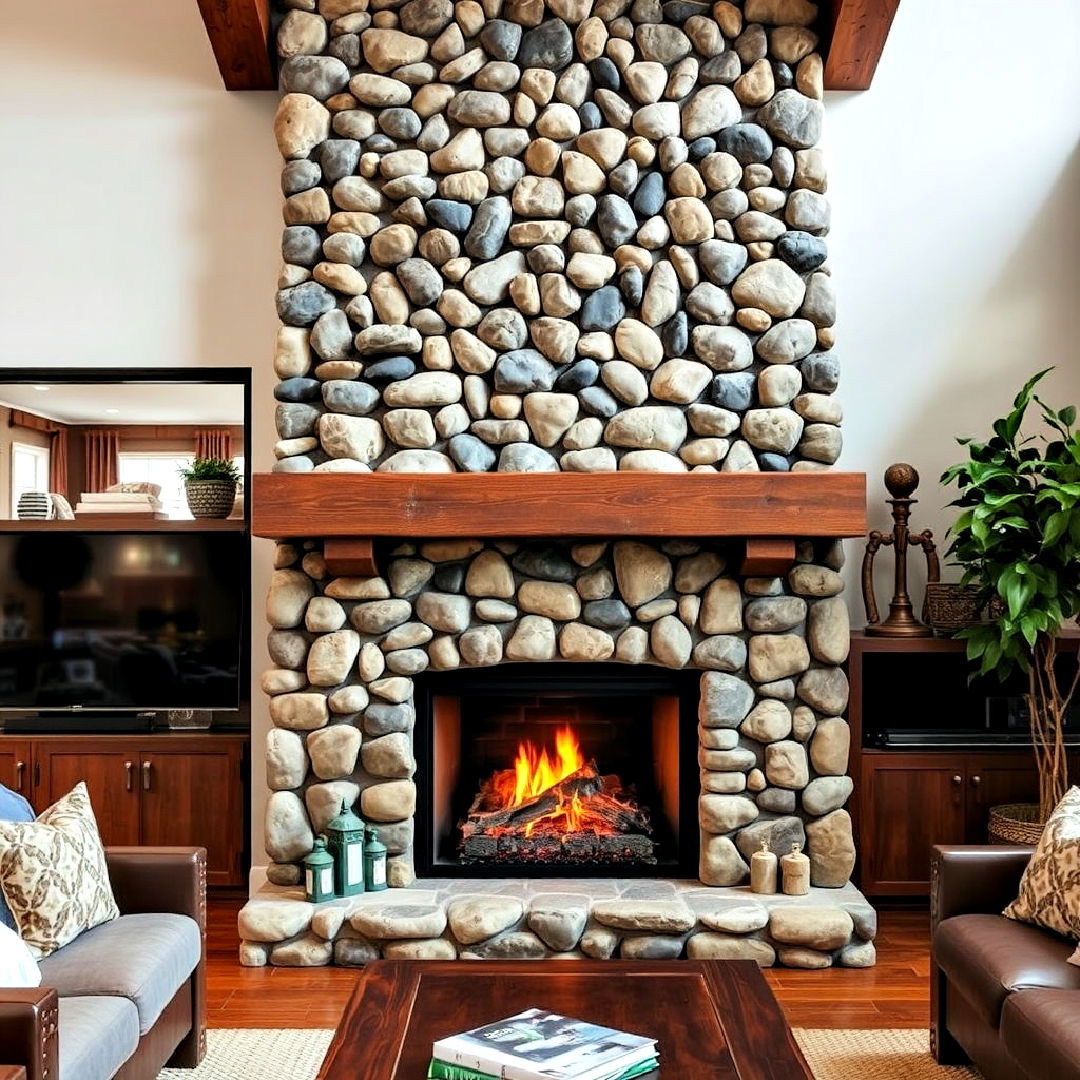 river rock fireplace with wooden mantel