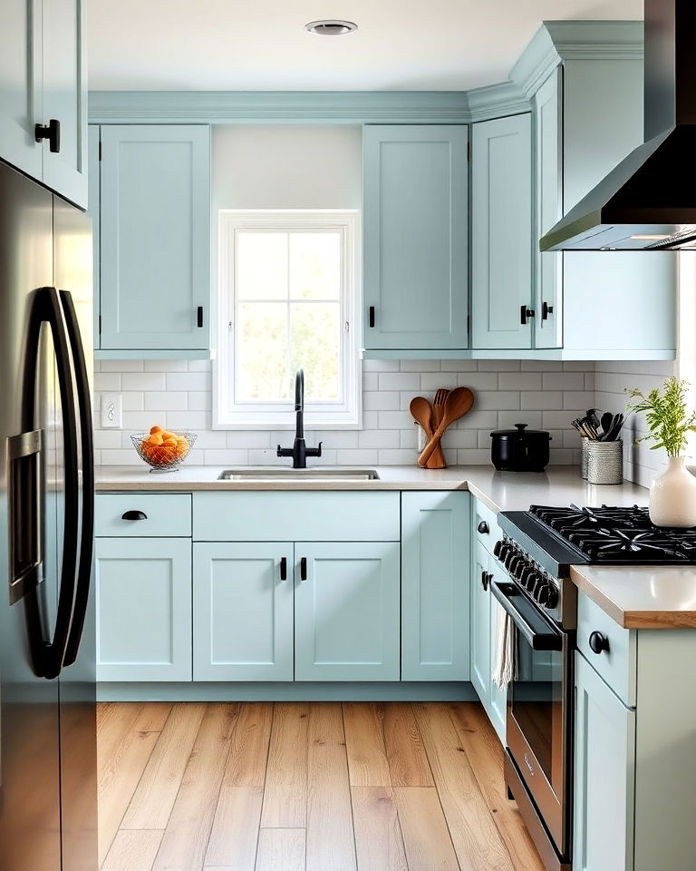 robin’s egg blue cabinets with matte black hardware