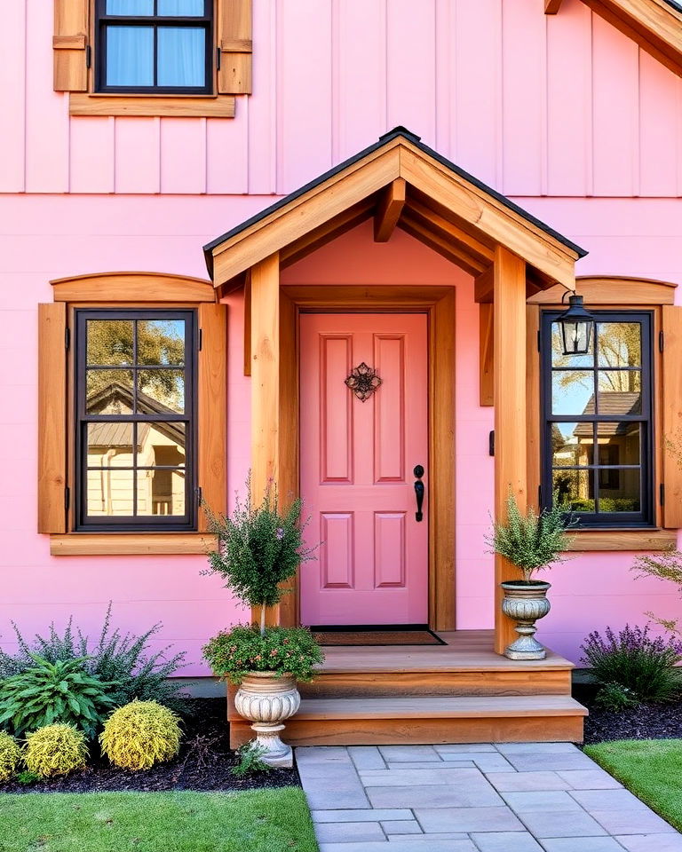 rose pink house exterior with wooden accents