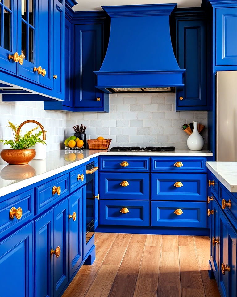 royal blue cabinets with vintage gold knobs