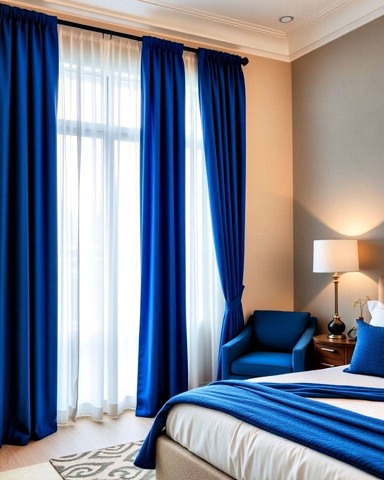 royal blue curtains with neutral bedroom walls