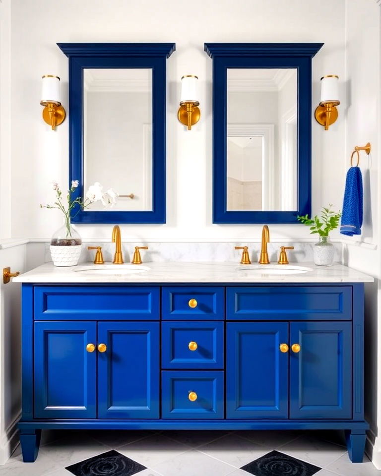 royal blue vanity with gold fixtures