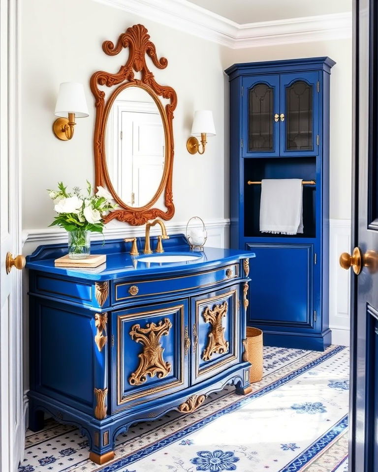 royal blue vanity with intricate woodwork