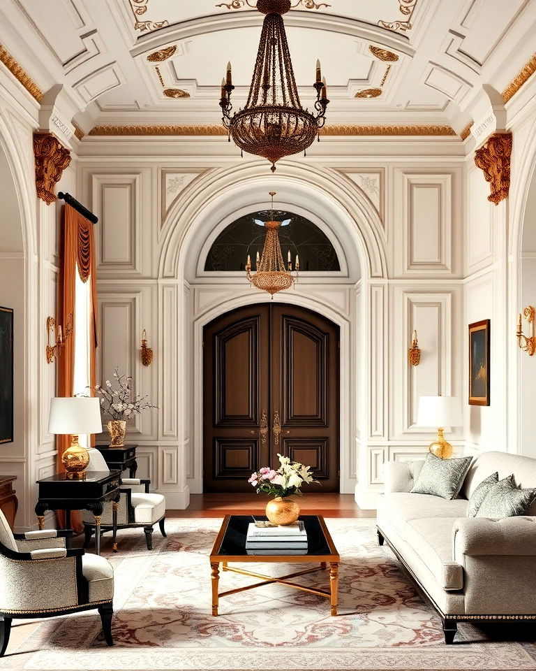 royal living room with a dramatic arched doorways