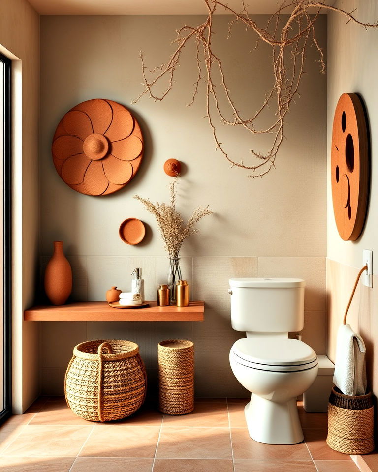 rustic and artistic terracotta bathroom wall art