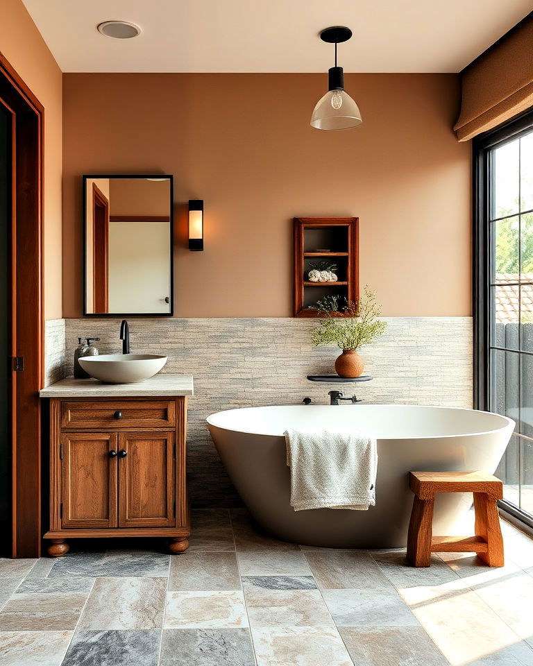 rustic bathroom with stone half walls