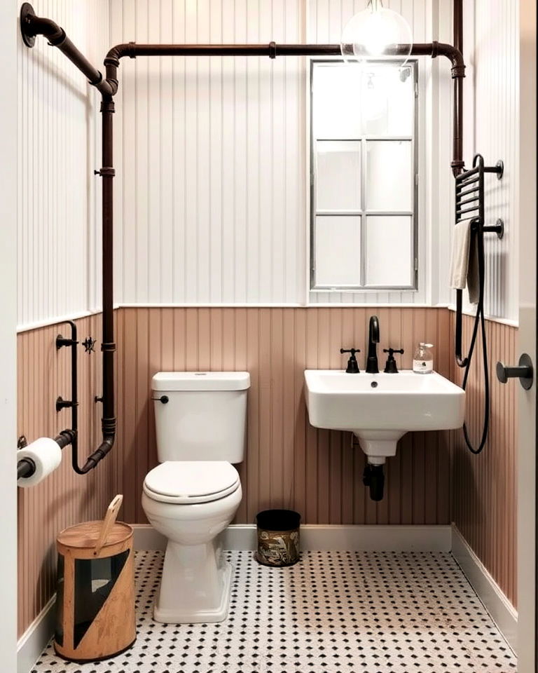 rustic beadboard bathroom with exposed pipes