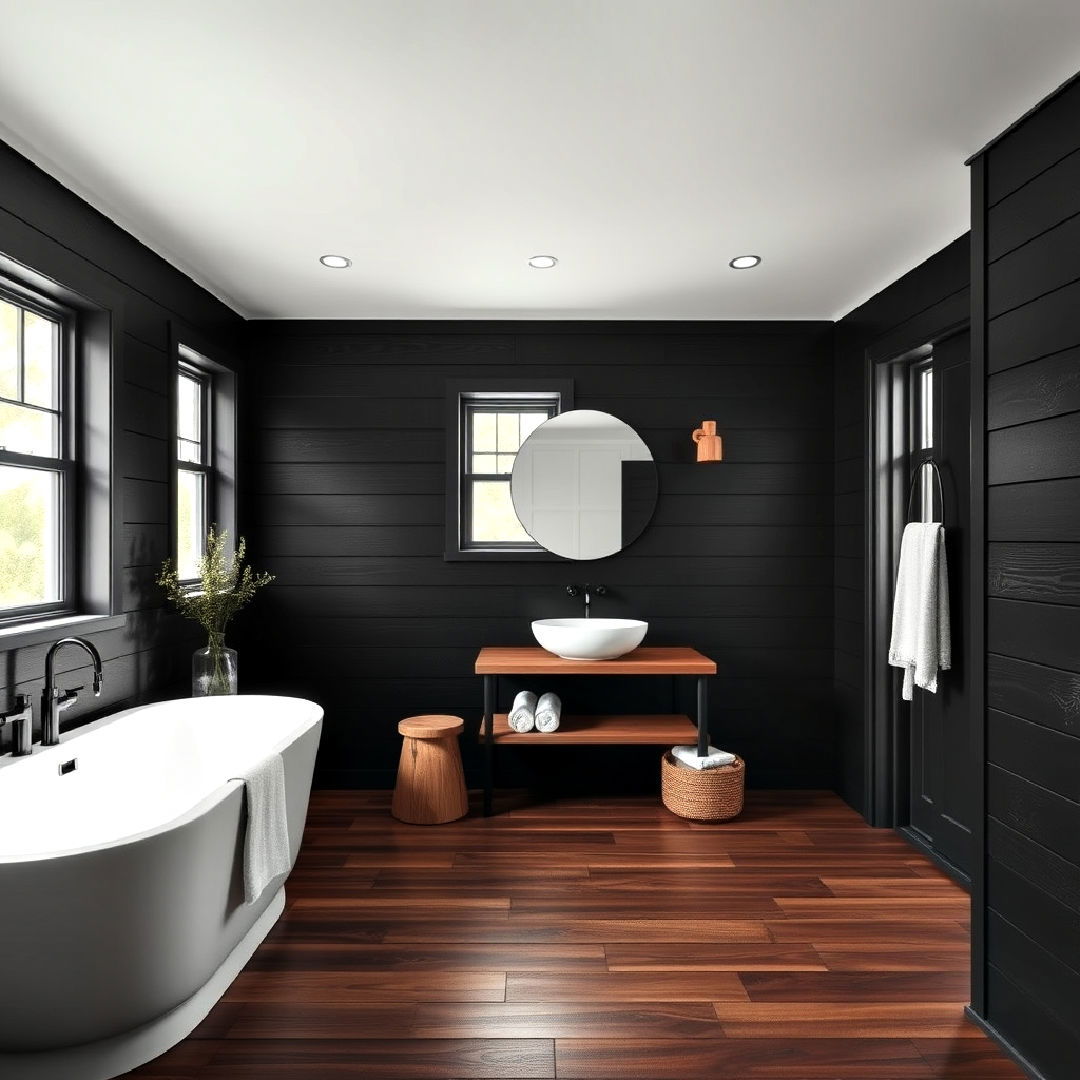 rustic black bathroom shiplap walls