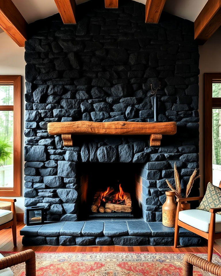 rustic black stone fireplace with natural textures