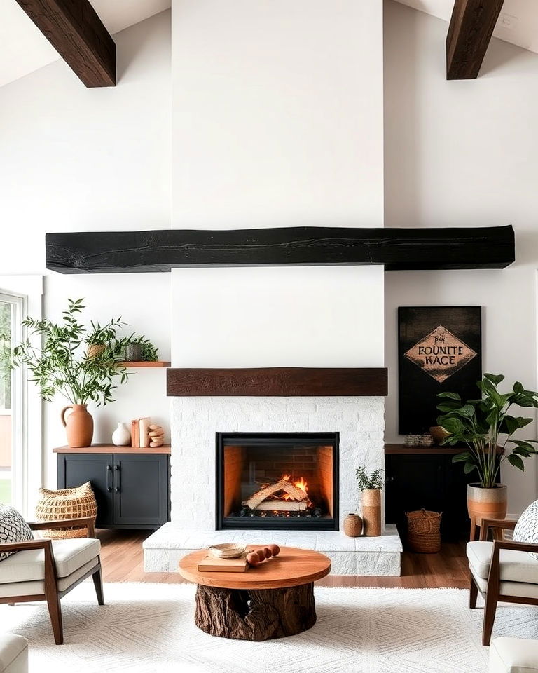 rustic black wood beam with white fireplace surround