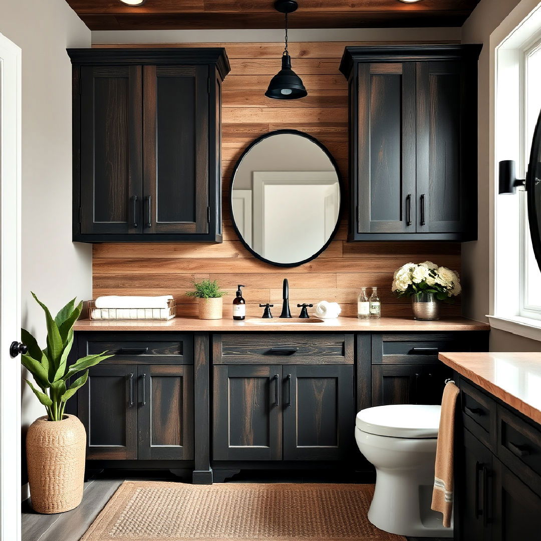 rustic black wood cabinets for bathroom