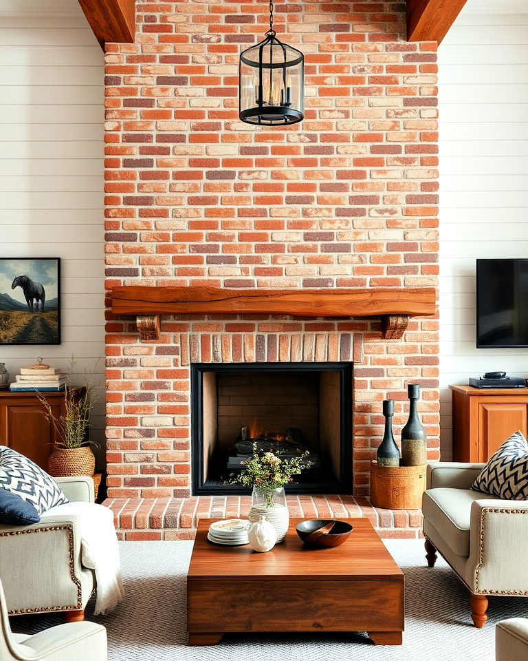 rustic brick fireplace with shiplap walls