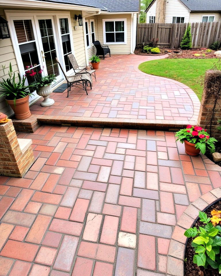 rustic brick pathway concrete patio
