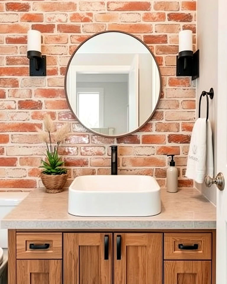 rustic brick veneer bathroom backsplash