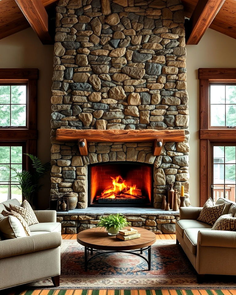 rustic cabin stacked stone fireplace