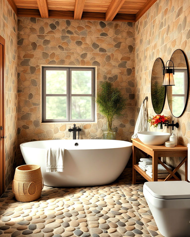 rustic charm bathroom with earth toned pebbles