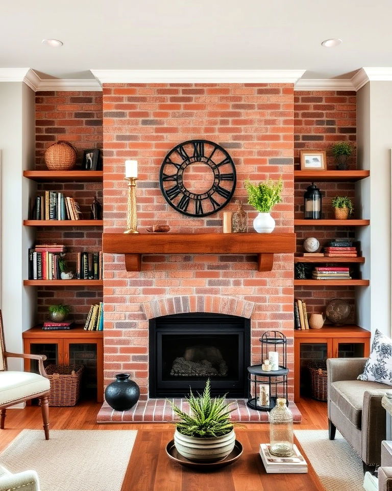 rustic charm brick fireplace with built in shelves