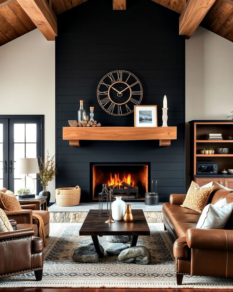 rustic charm fireplace with black shiplap