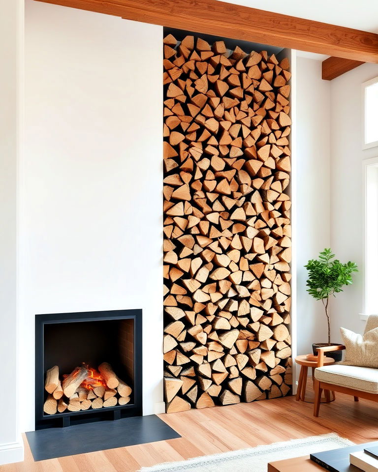 rustic charm fireplace with floor to ceiling wood storage