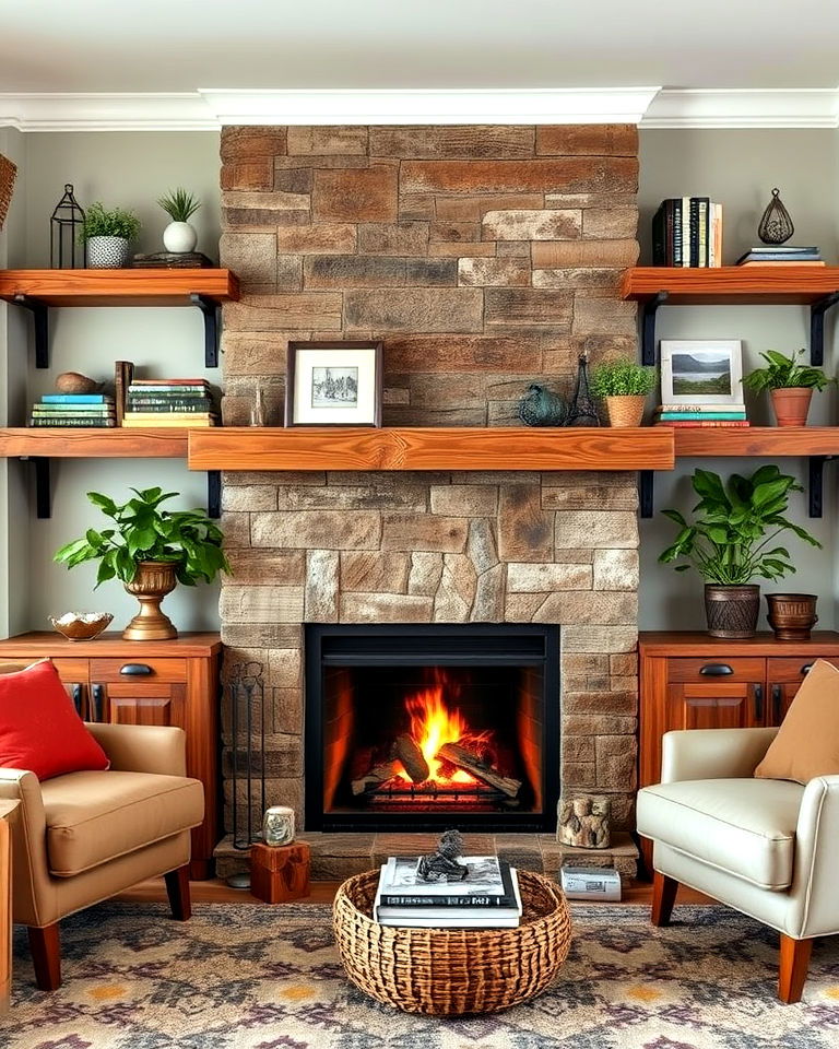 rustic charm fireplace with reclaimed wood shelves