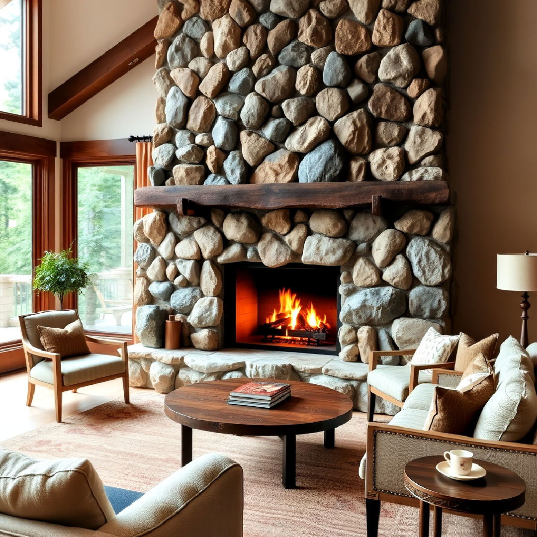 rustic charm large river rocks fireplace