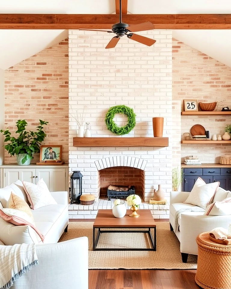 rustic charm whitewashed brick fireplace