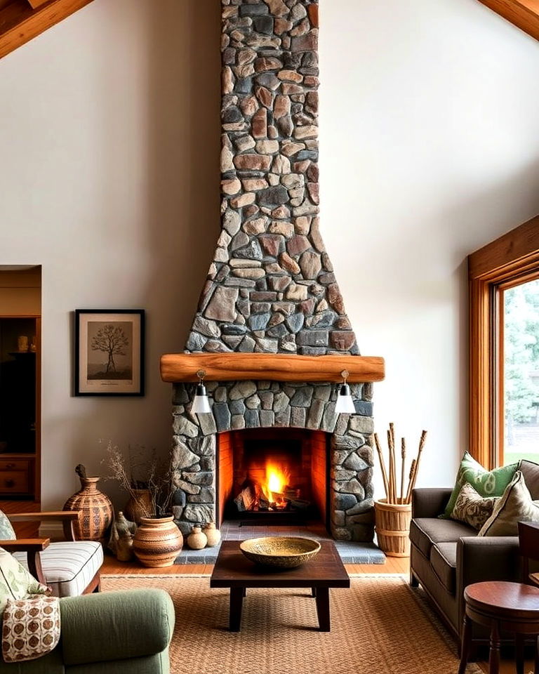 rustic charm wood burning fireplace with exposed chimney