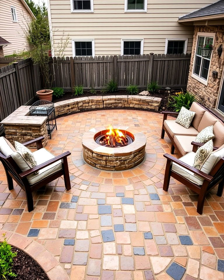 rustic cobblestone patio with a central fire pit