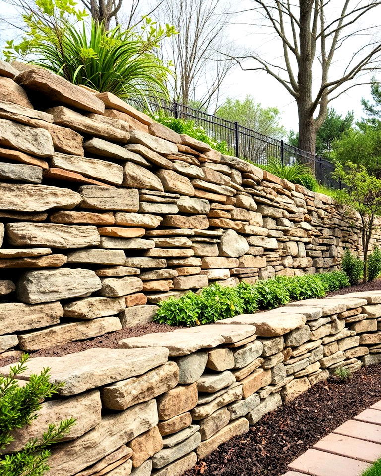 rustic dry stacked stone retaining wall