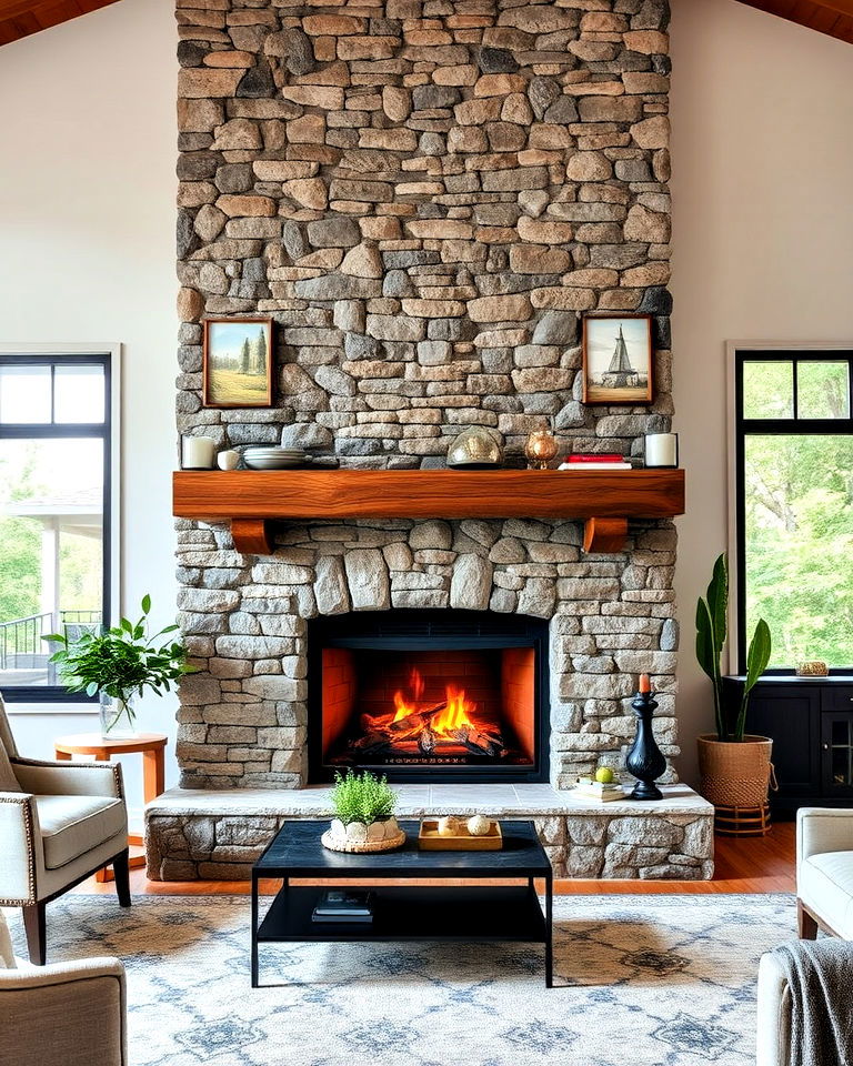 rustic faux stone fireplace with wooden mantel