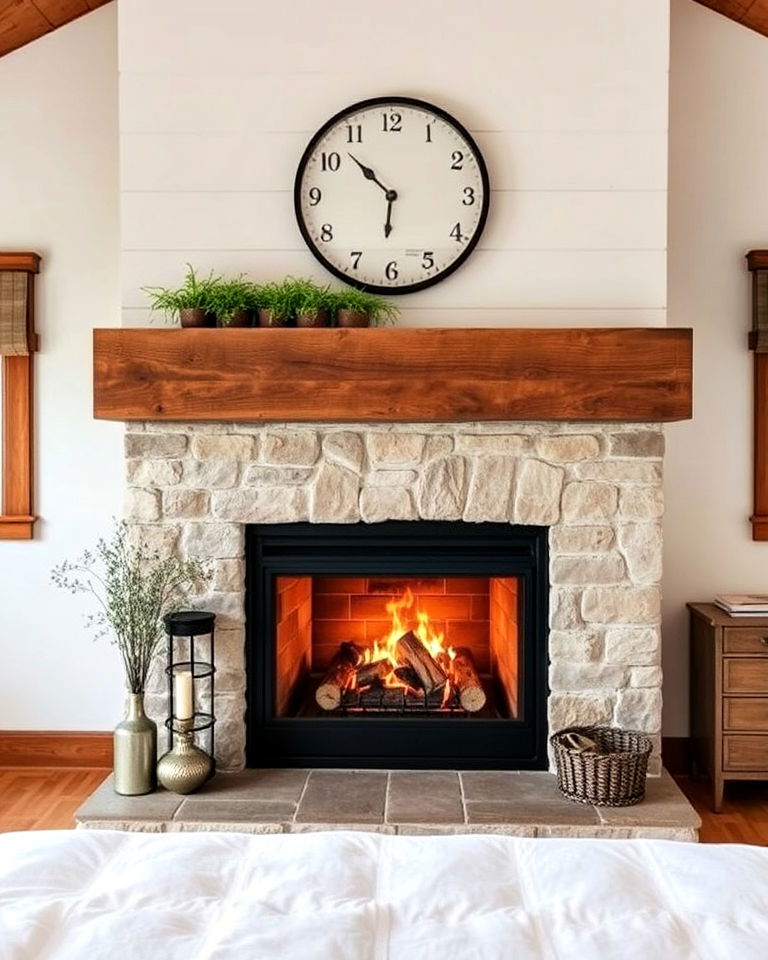 rustic fireplace with reclaimed wood mantel