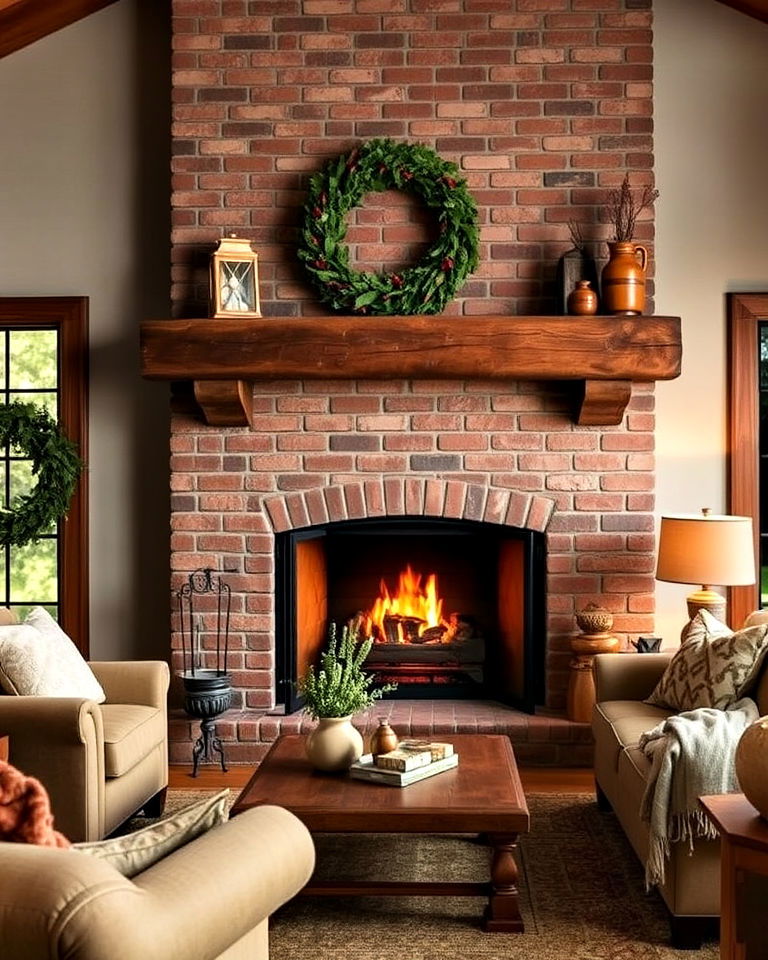 rustic fireplace with wood beam mantel