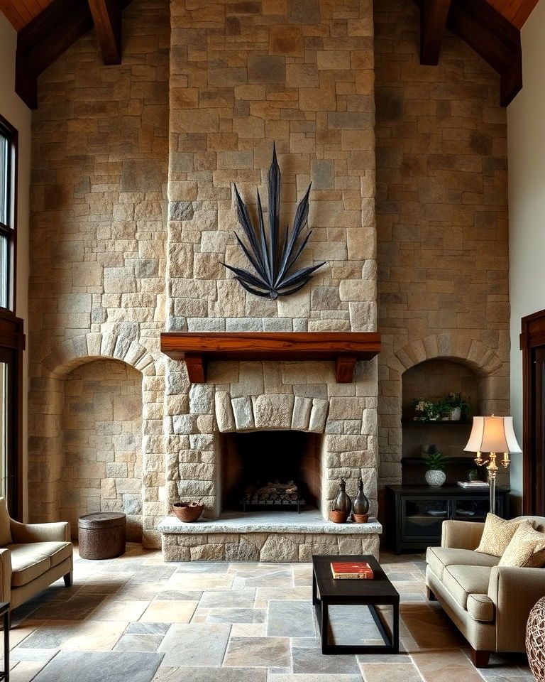 rustic floor to ceiling flagstone fireplace