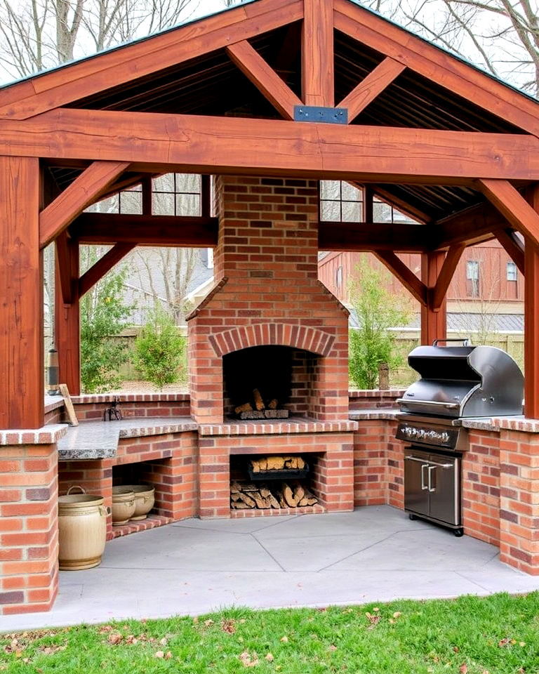 rustic gazebo with brick fireplace and grill