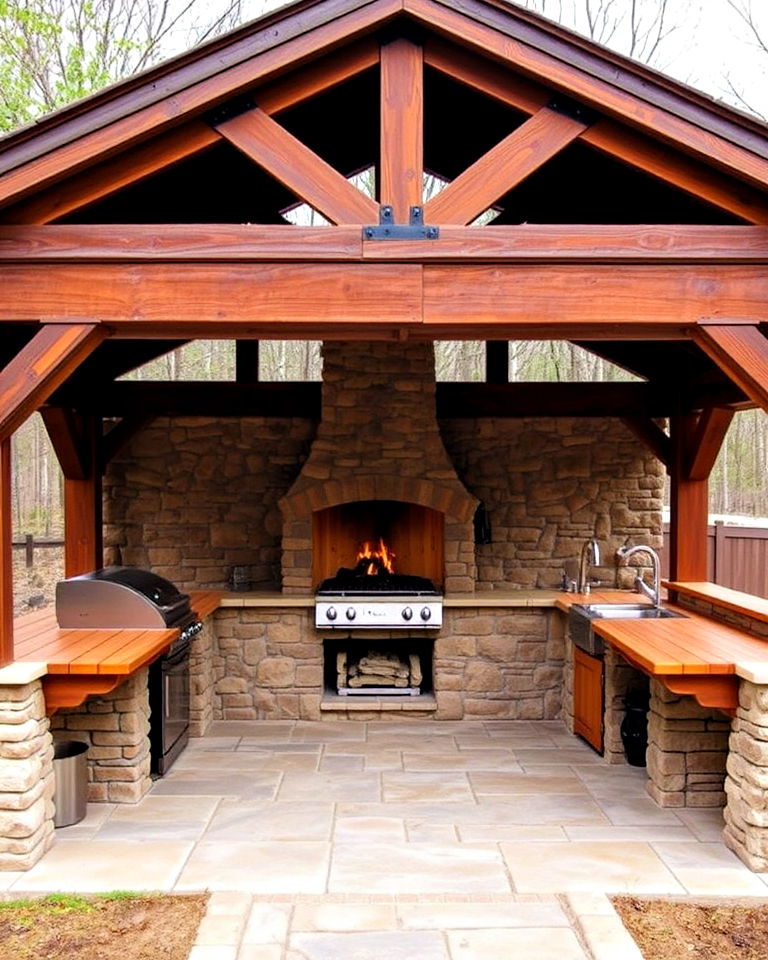 rustic gazebo with stone walls and open fireplace