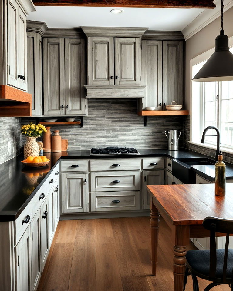 rustic kitchen with distressed gray cabinets
