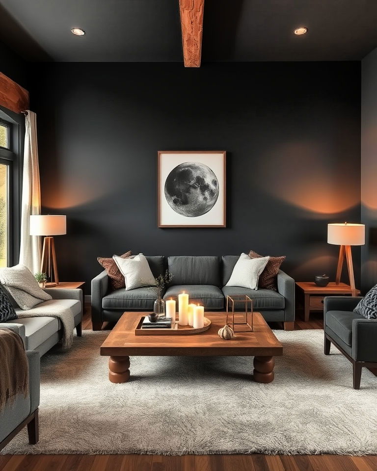 rustic living room with dark grey and natural wood