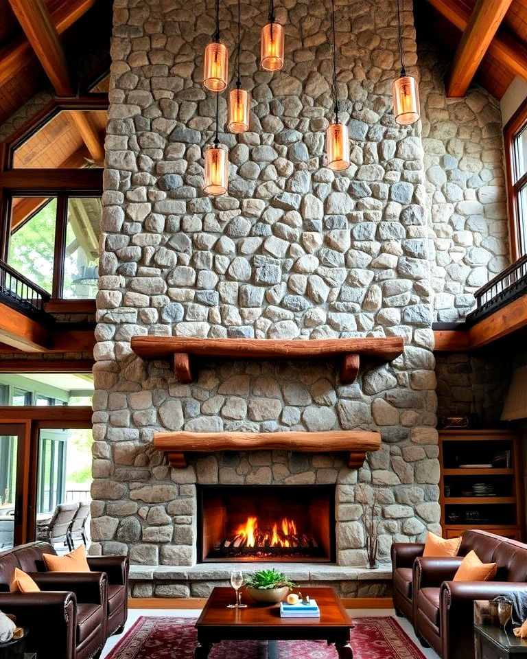 rustic lodge style floor to ceiling stone fireplace