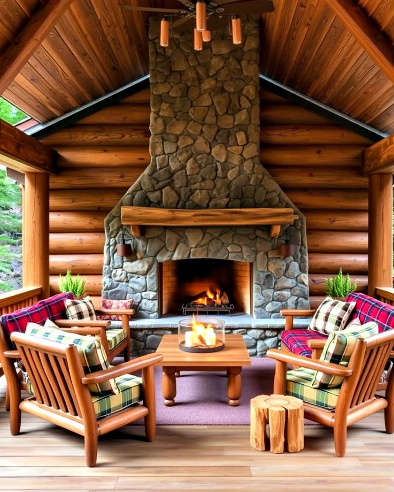 rustic log cabin style porch fireplace