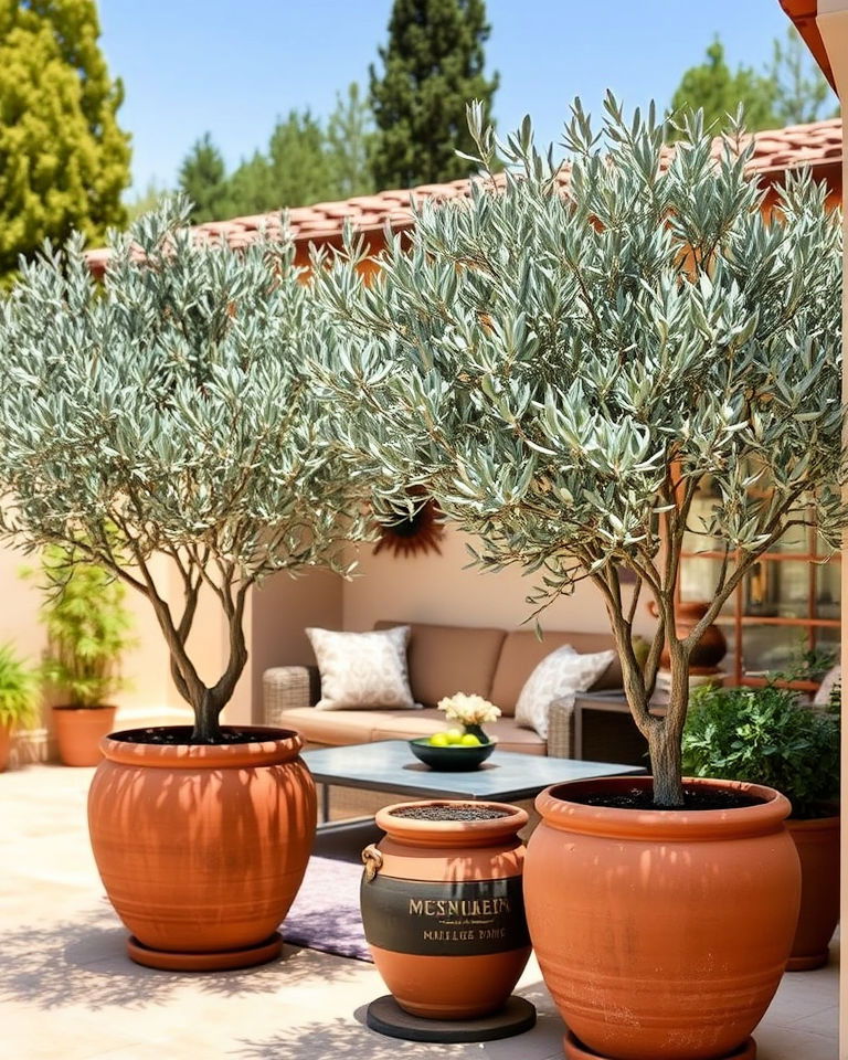 rustic olive trees in oversized pots