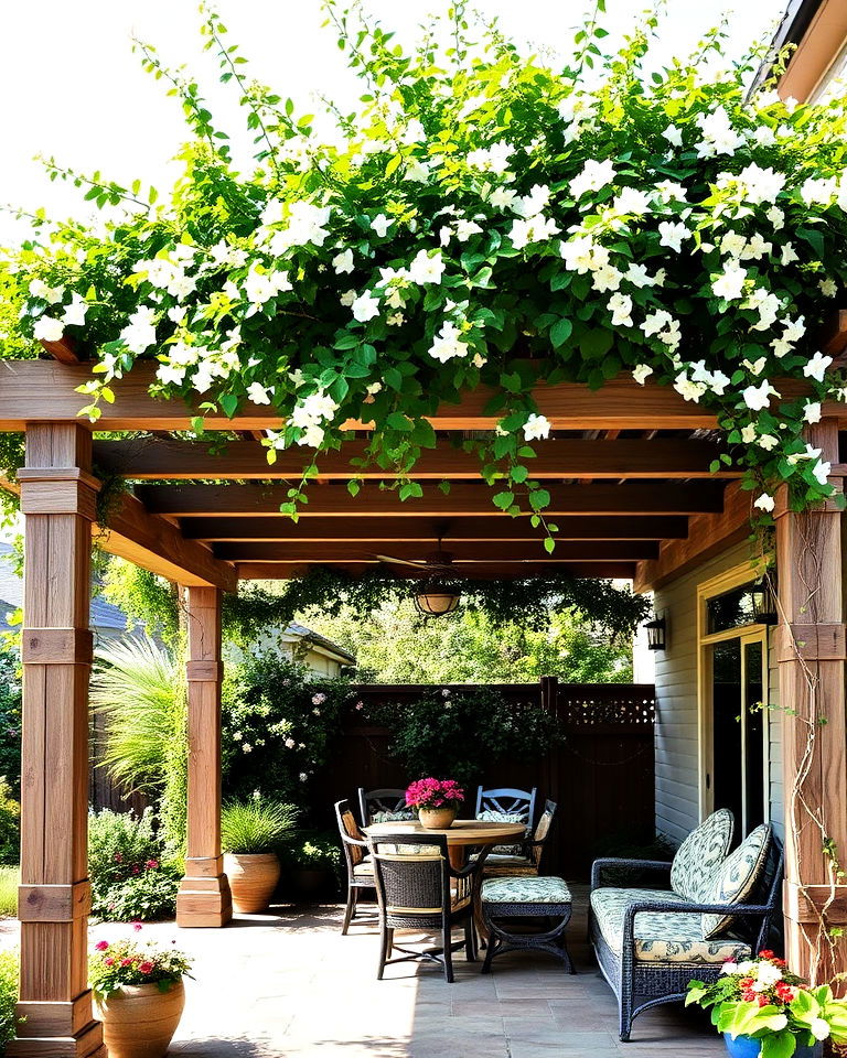 rustic pergola with climbing vines