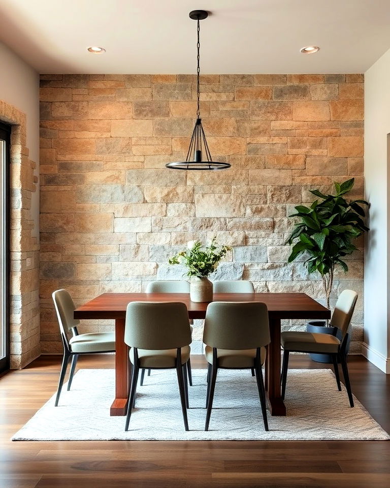 rustic reclaimed stone wall for a dining room
