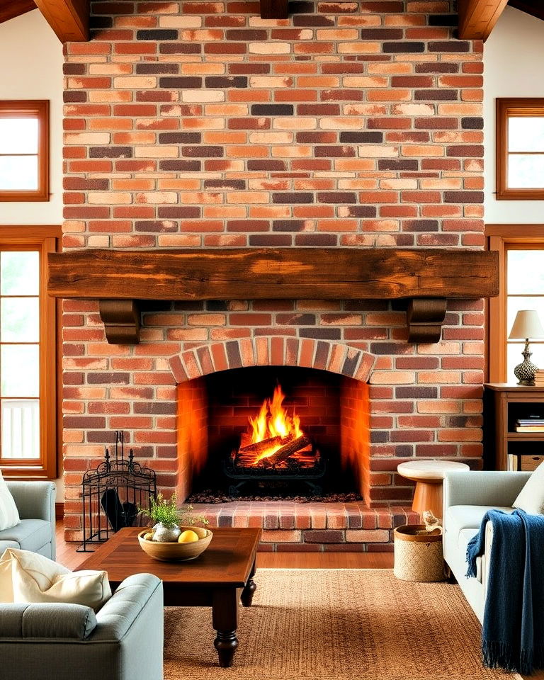 rustic red brick fireplace