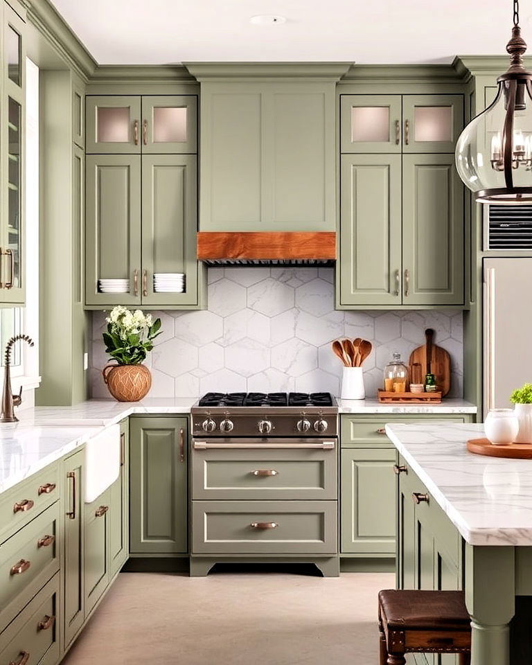 rustic sage green kitchen cabinets paired with marble countertops