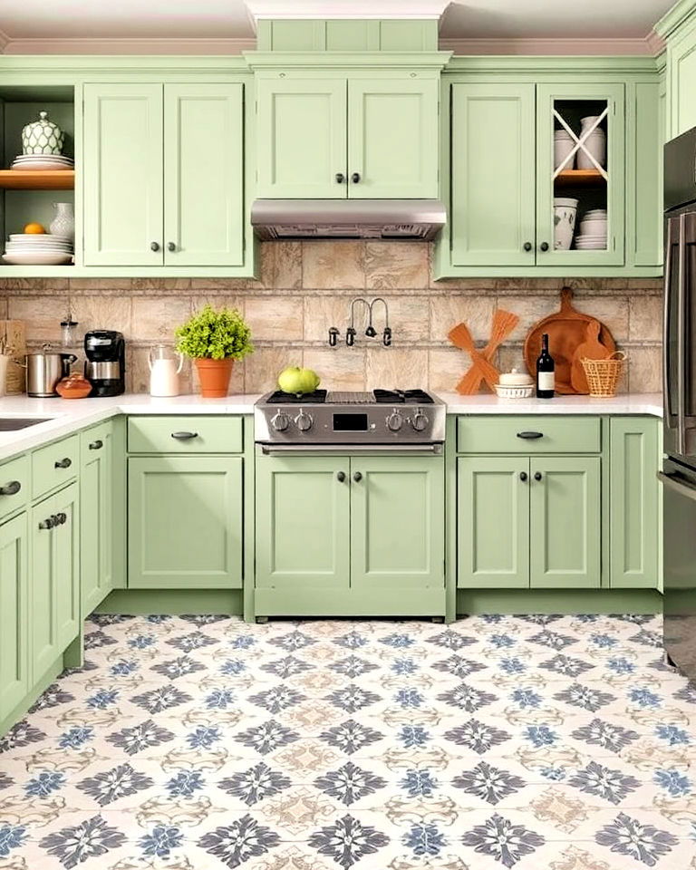 rustic sage green kitchen cabinets with patterned tile floors