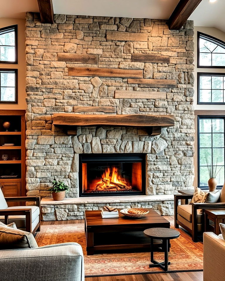 rustic stone and wood combo fireplace accent wall