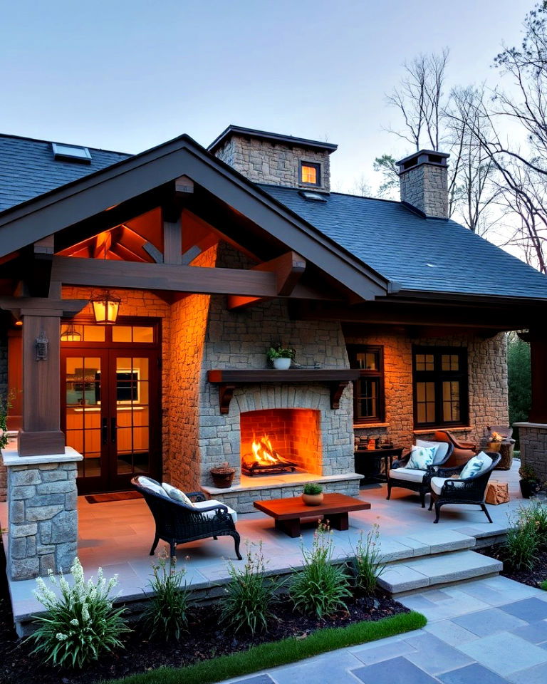 rustic stone clad porch fireplace